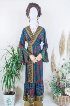 Sylvia Wrap Dress - Slate And Mango Wavy Flora - Vintage Sari - Size L/XL