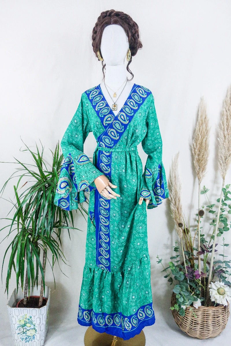 Sylvia Wrap Dress - Parakeet And Royal Blue Flora - Vintage Sari - Size L/XL 1 Sylvia Wrap Dress - Parakeet And Royal Blue Flora - Vintage Sari - Size L/XL