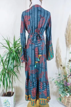 Sylvia Wrap Dress - Slate And Mango Wavy Flora - Vintage Sari - Size L/XL -KIKIS Clothing Shop sylvia boho maxi wrap dress long flared sleeve drop hem frilly hippy dress handmade from vintage 70s recycled indian sari by all about audrey 50