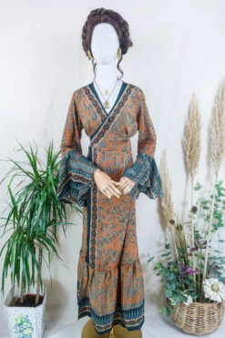 Sylvia Wrap Dress - Tangerine And Noir Geometric Flora - Vintage Sari - Size L/XL