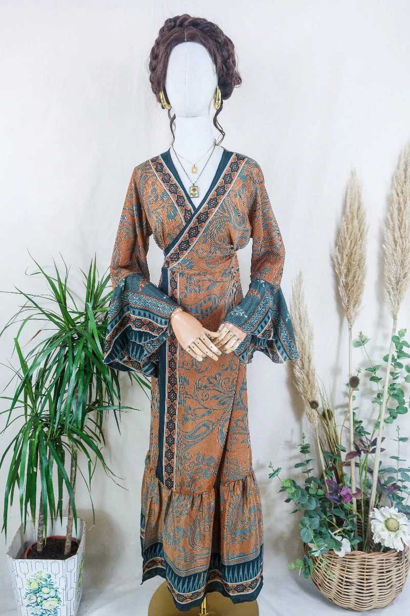 Sylvia Wrap Dress - Tangerine And Noir Geometric Flora - Vintage Sari - Size L/XL 1 Sylvia Wrap Dress - Tangerine And Noir Geometric Flora - Vintage Sari - Size L/XL