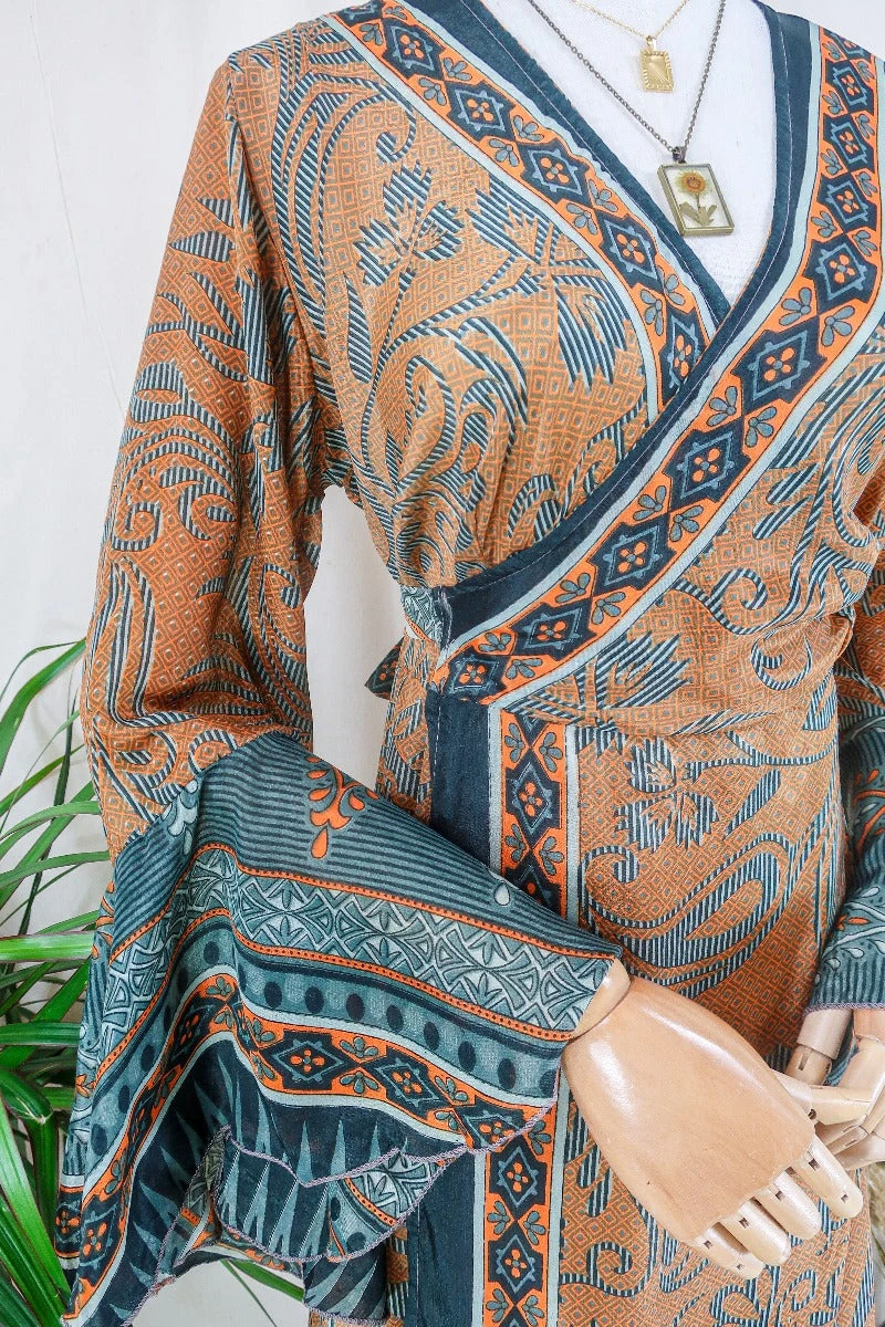 Sylvia Wrap Dress - Tangerine And Noir Geometric Flora - Vintage Sari - Size L/XL 2 Sylvia Wrap Dress - Tangerine And Noir Geometric Flora - Vintage Sari - Size L/XL - Image 2