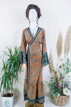 Sylvia Wrap Dress - Tangerine And Noir Geometric Flora - Vintage Sari - Size L/XL 6 Sylvia Wrap Dress - Tangerine And Noir Geometric Flora - Vintage Sari - Size L/XL -KIKIS Clothing Shop sylvia boho maxi wrap dress long flared sleeve drop hem frilly hippy dress handmade from vintage 70s recycled indian sari by all about audrey 53