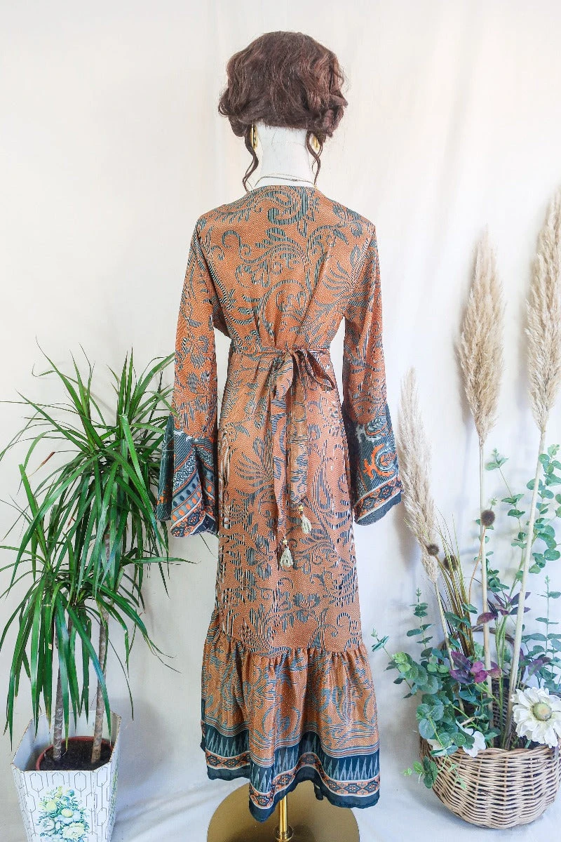 Sylvia Wrap Dress - Tangerine And Noir Geometric Flora - Vintage Sari - Size L/XL 4 Sylvia Wrap Dress - Tangerine And Noir Geometric Flora - Vintage Sari - Size L/XL - Image 4
