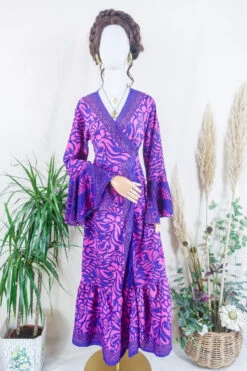 Sylvia Wrap Dress - Violet And French Rose Flora - Vintage Sari - Size M/L