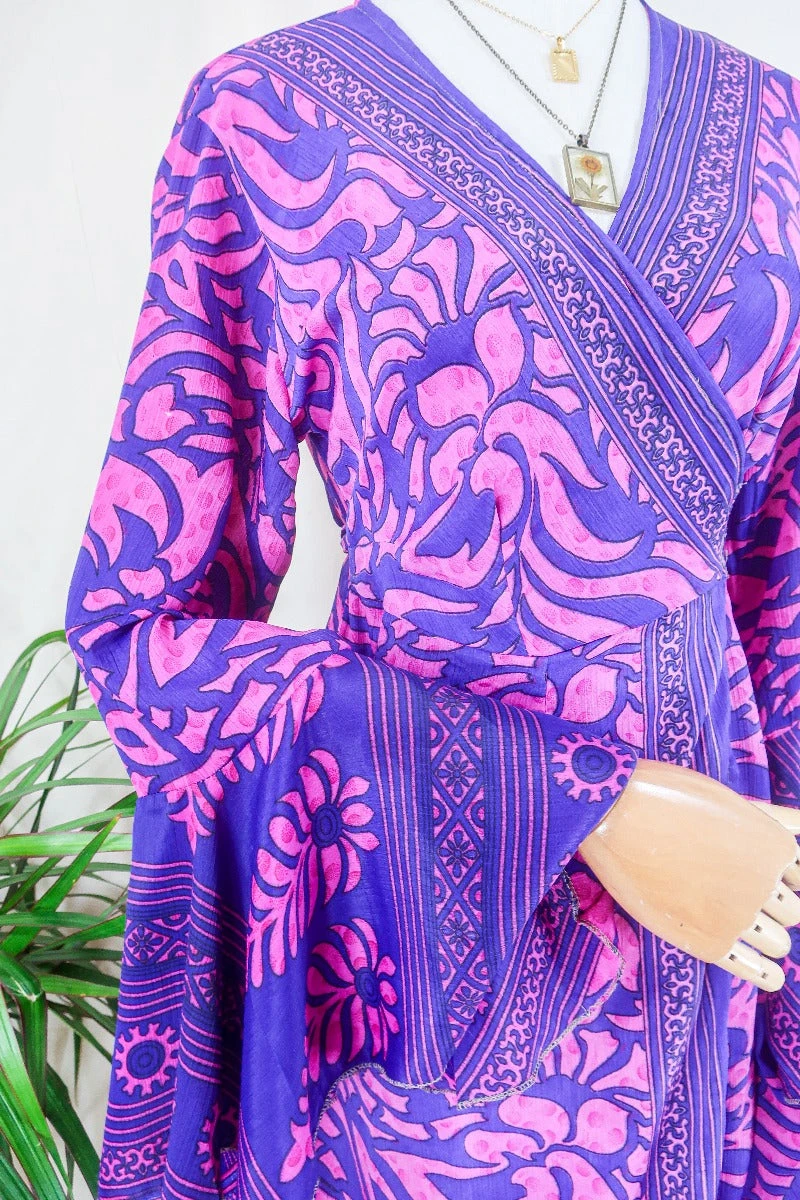 Sylvia Wrap Dress - Violet And French Rose Flora - Vintage Sari - Size M/L 2 Sylvia Wrap Dress - Violet And French Rose Flora - Vintage Sari - Size M/L - Image 2