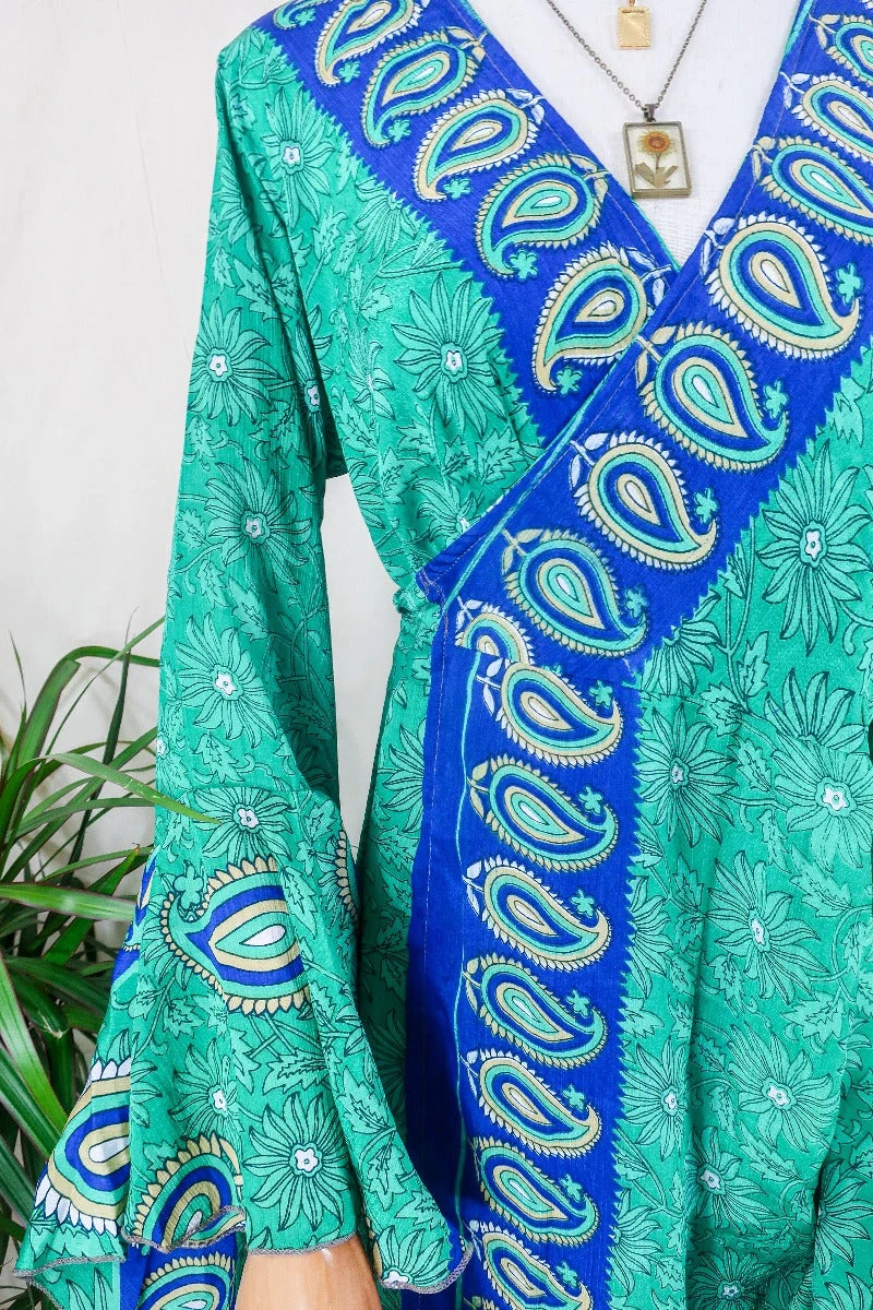 Sylvia Wrap Dress - Parakeet And Royal Blue Flora - Vintage Sari - Size L/XL 2 Sylvia Wrap Dress - Parakeet And Royal Blue Flora - Vintage Sari - Size L/XL - Image 2
