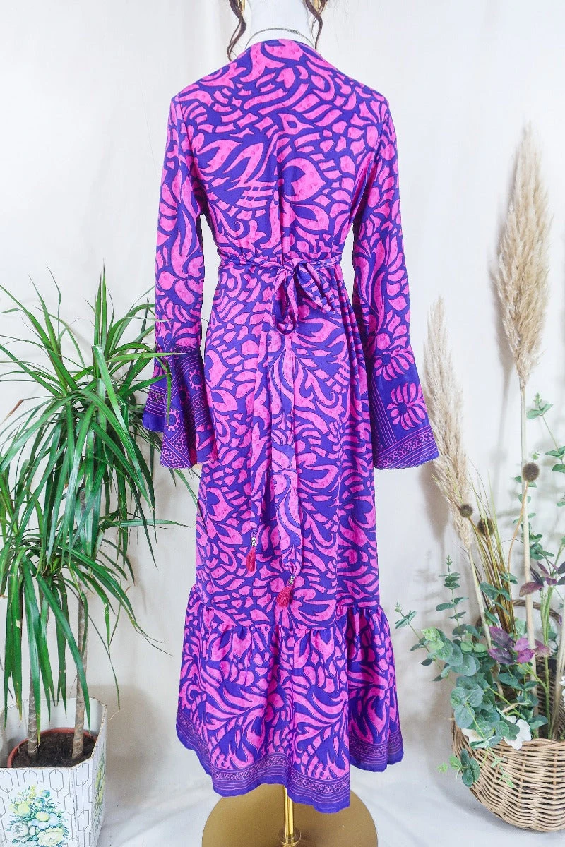 Sylvia Wrap Dress - Violet And French Rose Flora - Vintage Sari - Size M/L 3 Sylvia Wrap Dress - Violet And French Rose Flora - Vintage Sari - Size M/L - Image 3