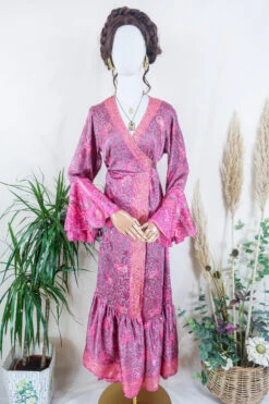 Sylvia Wrap Dress - Cerise And Rosemary Paisley Gardenia - Vintage Sari - Size M/L