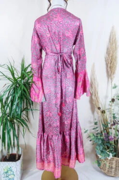 Sylvia Wrap Dress - Cerise And Rosemary Paisley Gardenia - Vintage Sari - Size M/L -KIKIS Clothing Shop sylvia boho maxi wrap dress long flared sleeve drop hem frilly hippy dress handmade from vintage 70s recycled indian sari by all about audrey 63