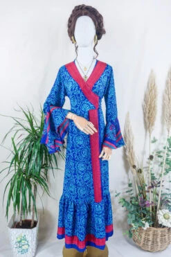 Sylvia Wrap Dress -Sapphire And Raspberry Gardenia - Vintage Sari - Size M/L