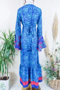 Sylvia Wrap Dress -Sapphire And Raspberry Gardenia - Vintage Sari - Size M/L -KIKIS Clothing Shop sylvia boho maxi wrap dress long flared sleeve drop hem frilly hippy dress handmade from vintage 70s recycled indian sari by all about audrey 69