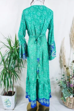 Sylvia Wrap Dress - Parakeet And Royal Blue Flora - Vintage Sari - Size L/XL 5 Sylvia Wrap Dress - Parakeet And Royal Blue Flora - Vintage Sari - Size L/XL -KIKIS Clothing Shop sylvia boho maxi wrap dress long flared sleeve drop hem frilly hippy dress handmade from vintage 70s recycled indian sari by all about audrey 7