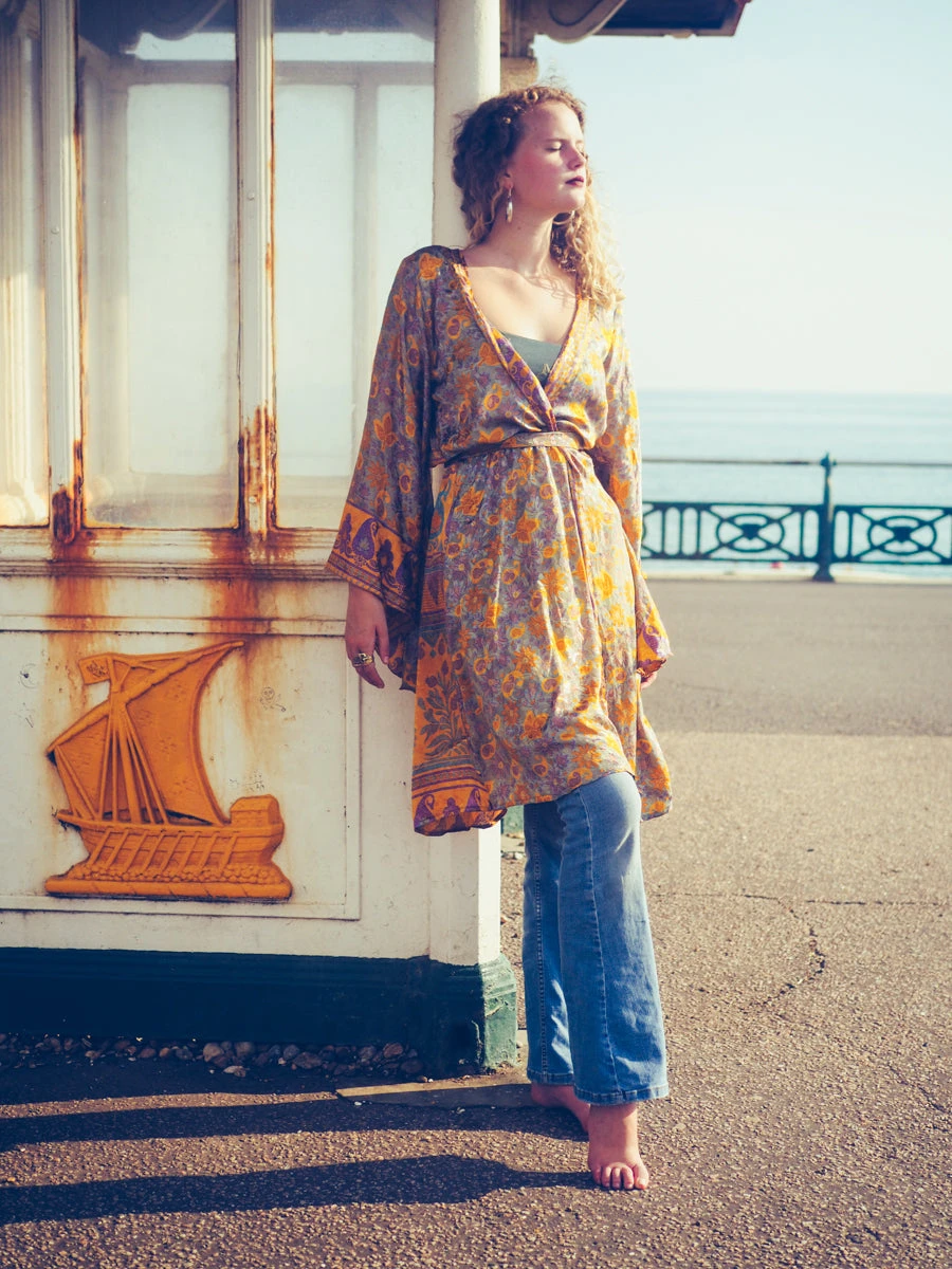 Gemini Bell Sleeve Midi Kimono/Dress - Sheer Orchid & Lilac Floral Vintage Sari - Size M/L 5 Gemini Bell Sleeve Midi Kimono/Dress - Sheer Orchid & Lilac Floral Vintage Sari - Size M/L - Image 5