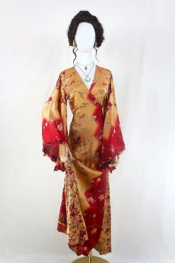 Venus Maxi Dress - Vintage Sari - Tangerine And Pomegranate Sunset - Size S/M