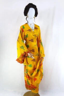 Venus Maxi Dress - Vintage Sari - Sun Yellow Jhumka Print - Size M/L