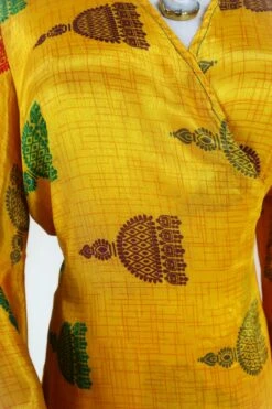 Venus Maxi Dress - Vintage Sari - Sun Yellow Jhumka Print - Size M/L -KIKIS Clothing Shop venus long bell sleeve wrap dress maxi frilly butterfly sleeve free size boho dress handmade from recycled vintage 70s indian sari by all about audrey 29