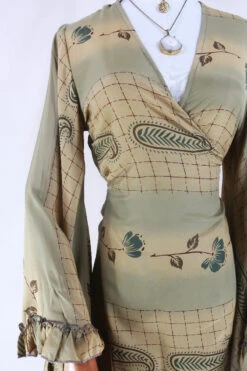 Venus Maxi Dress - Vintage Sari - Dusted Sage Floral - Size S/M 8 Venus Maxi Dress - Vintage Sari - Dusted Sage Floral - Size S/M -KIKIS Clothing Shop venus long bell sleeve wrap dress maxi frilly butterfly sleeve free size boho dress handmade from recycled vintage 70s indian sari by all about audrey 36