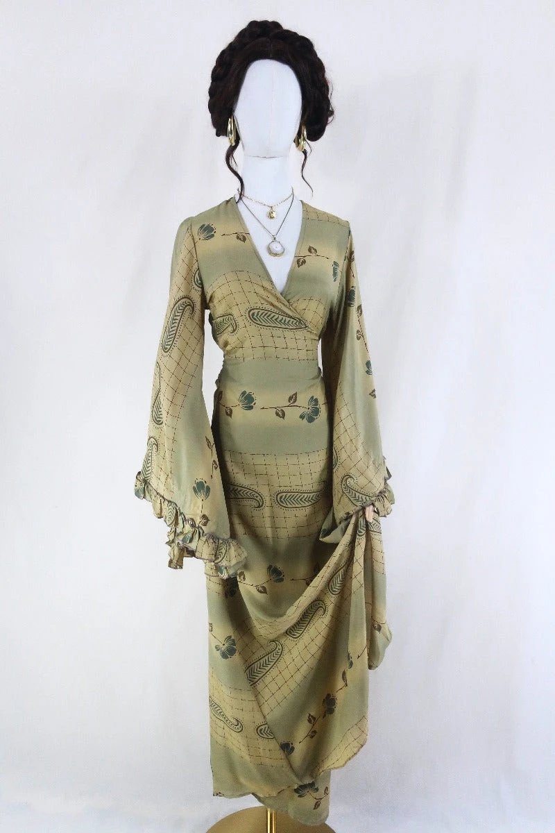 Venus Maxi Dress - Vintage Sari - Dusted Sage Floral - Size S/M 1 Venus Maxi Dress - Vintage Sari - Dusted Sage Floral - Size S/M