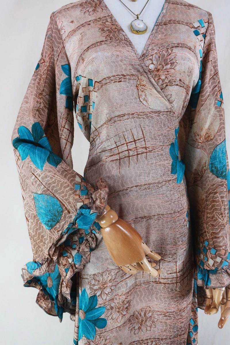 Venus Maxi Dress - Vintage Sari - Rose Gold & Ocean Flowers - Size S/M 2 Venus Maxi Dress - Vintage Sari - Rose Gold & Ocean Flowers - Size S/M - Image 2