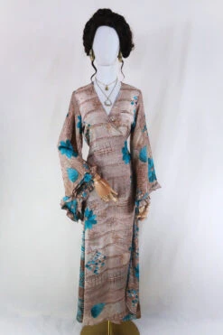Venus Maxi Dress - Vintage Sari - Rose Gold & Ocean Flowers - Size S/M
