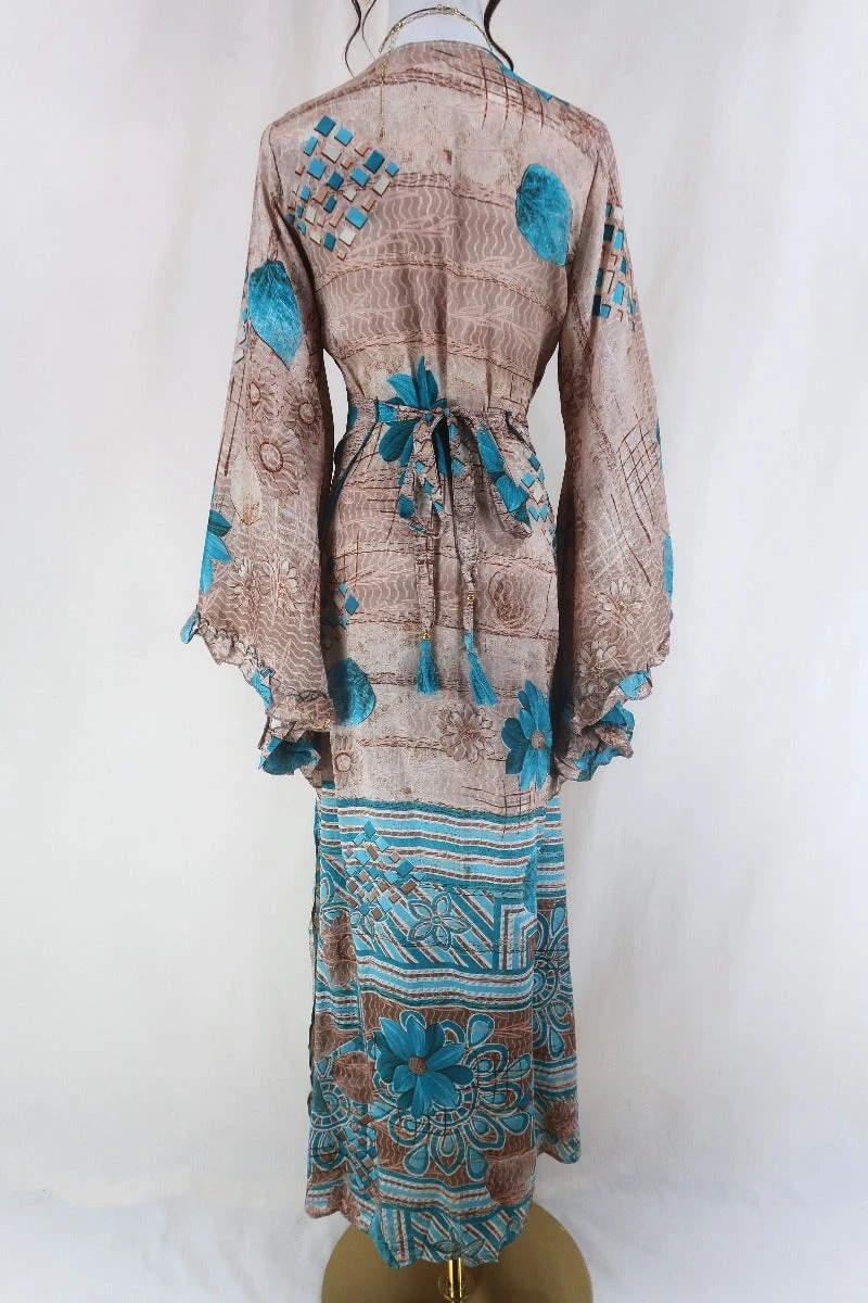 Venus Maxi Dress - Vintage Sari - Rose Gold & Ocean Flowers - Size S/M 3 Venus Maxi Dress - Vintage Sari - Rose Gold & Ocean Flowers - Size S/M - Image 3