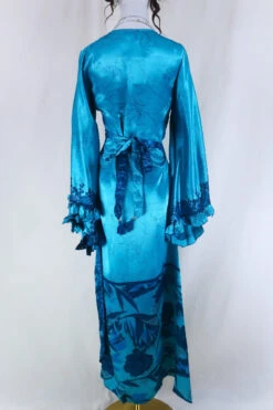 Venus Maxi Dress - Vintage Sari - Aqua Floral Sea Breeze - Size S/M -KIKIS Clothing Shop venus long bell sleeve wrap dress maxi frilly butterfly sleeve free size boho dress handmade from recycled vintage 70s indian sari by all about audrey 64