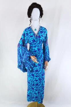 Venus Maxi Dress - Vintage Sari - Turquoise & Violet Vines - Size M/L