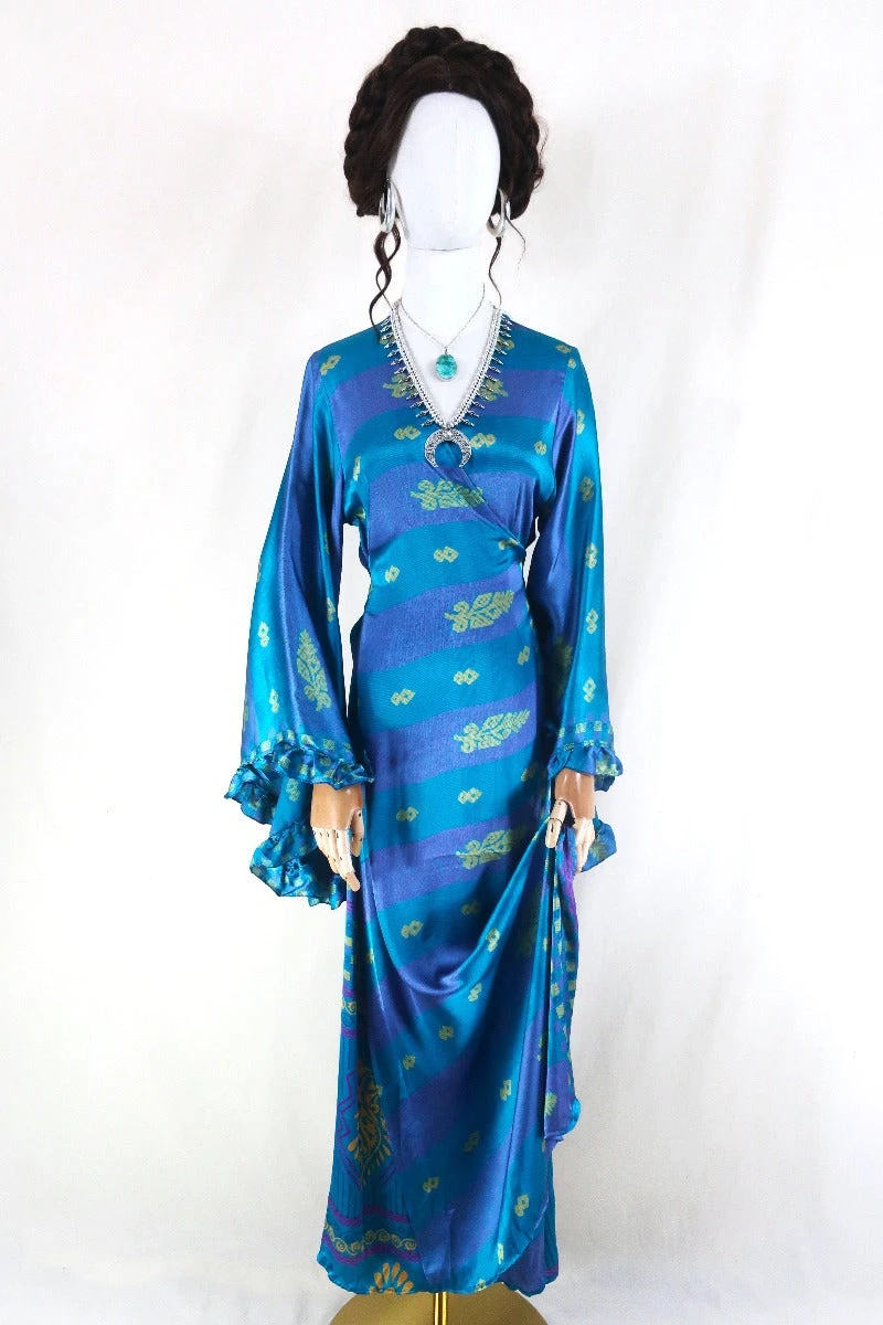 Venus Maxi Dress - Vintage Sari - Deep Teal & Plum Motif - Size M/L 1 Venus Maxi Dress - Vintage Sari - Deep Teal & Plum Motif - Size M/L