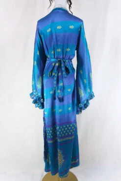 Venus Maxi Dress - Vintage Sari - Deep Teal & Plum Motif - Size M/L 5 Venus Maxi Dress - Vintage Sari - Deep Teal & Plum Motif - Size M/L -KIKIS Clothing Shop venus long bell sleeve wrap dress maxi frilly butterfly sleeve free size boho dress handmade from recycled vintage 70s indian sari by all about audrey 70