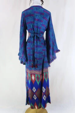Venus Maxi Dress - Vintage Sari - Indigo Psychedelic - Size M/L -KIKIS Clothing Shop venus long bell sleeve wrap dress maxi frilly butterfly sleeve free size boho dress handmade from recycled vintage 70s indian sari by all about audrey 73