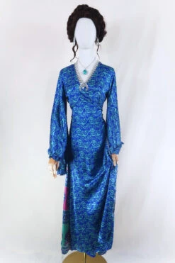 Venus Maxi Dress - Vintage Sari - Sage & Sapphire Swirls - Size S