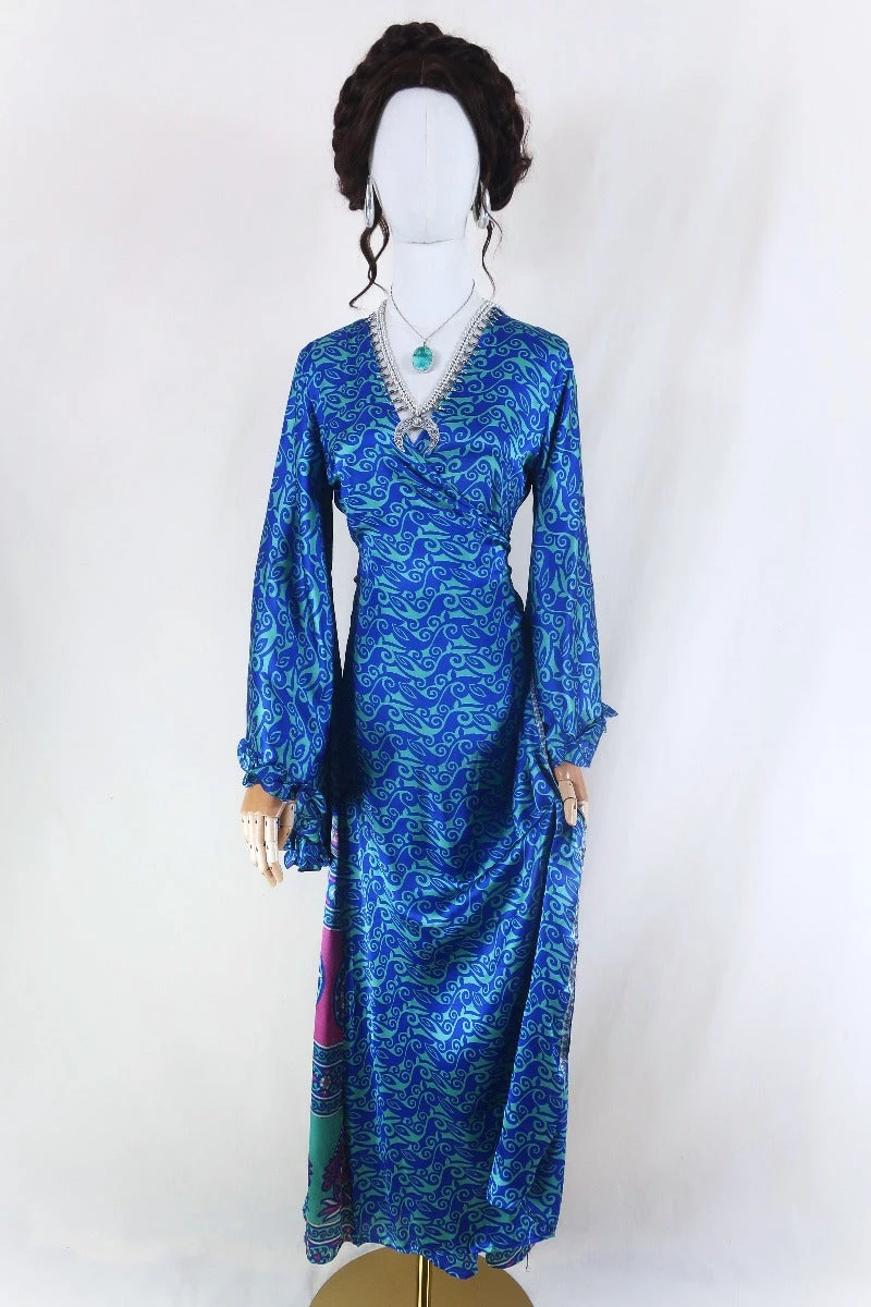 Venus Maxi Dress - Vintage Sari - Sage & Sapphire Swirls - Size S 1 Venus Maxi Dress - Vintage Sari - Sage & Sapphire Swirls - Size S
