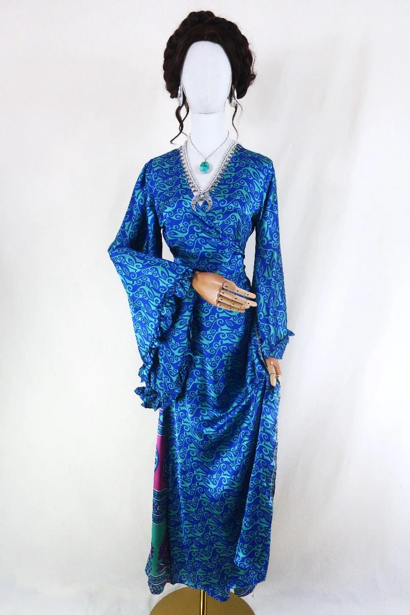 Venus Maxi Dress - Vintage Sari - Sage & Sapphire Swirls - Size S 2 Venus Maxi Dress - Vintage Sari - Sage & Sapphire Swirls - Size S - Image 2