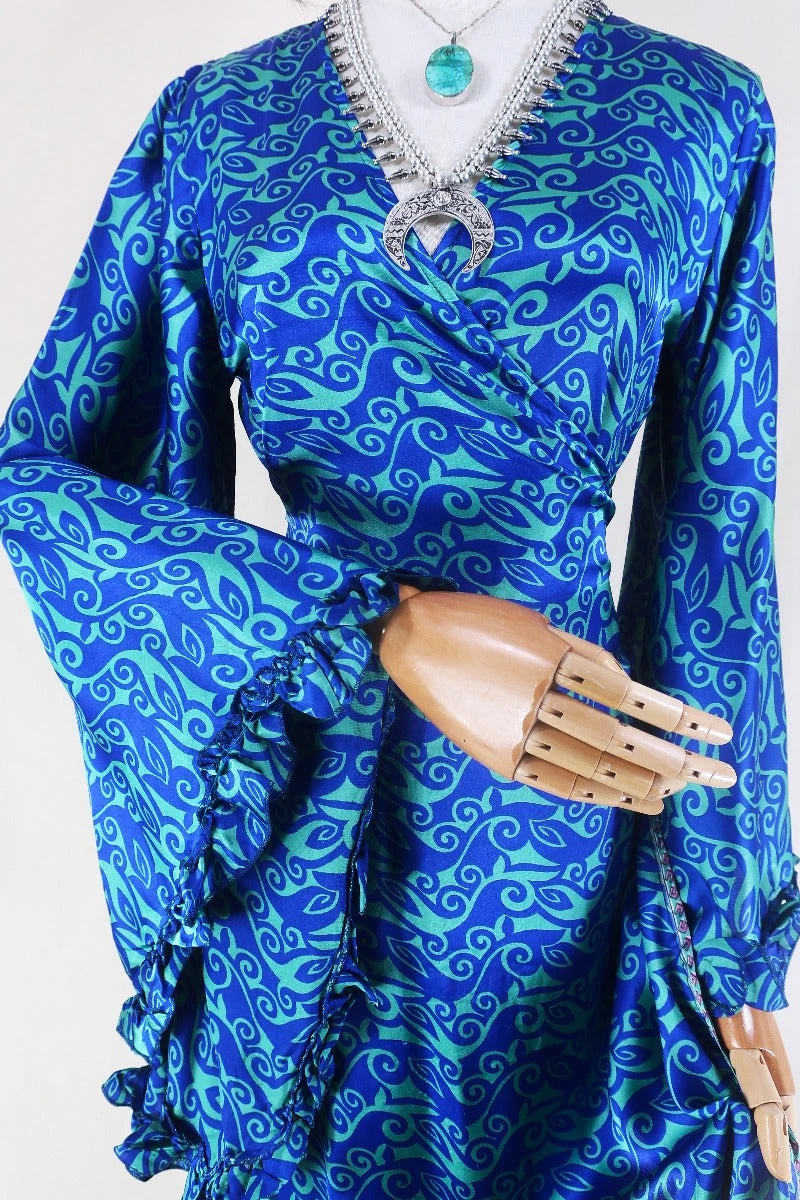 Venus Maxi Dress - Vintage Sari - Sage & Sapphire Swirls - Size S 3 Venus Maxi Dress - Vintage Sari - Sage & Sapphire Swirls - Size S - Image 3