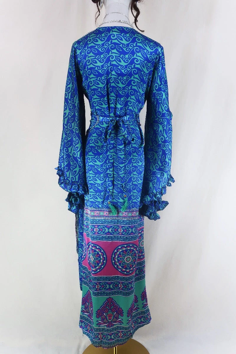 Venus Maxi Dress - Vintage Sari - Sage & Sapphire Swirls - Size S 4 Venus Maxi Dress - Vintage Sari - Sage & Sapphire Swirls - Size S - Image 4