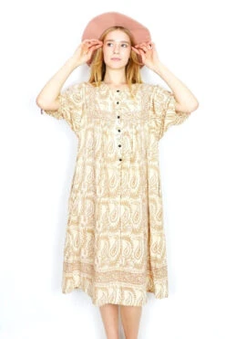 70's Vintage Midi Smock Dress - Cream, Caramel & Lilac Paisley - Size M/L