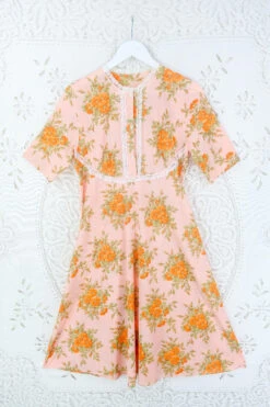 Vintage Peachy Pink Lacey Floral Midi Dress - Size S
