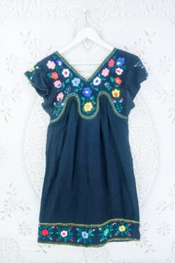 Vintage Midnight Black Embroidered Folk Midi Sun Dress - Size XS