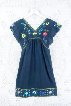 Vintage Midnight Black Embroidered Folk Midi Sun Dress - Size XS -KIKIS Clothing Shop vintage 1970s dress boho 70s style vintage clothing hippie chic summer collection by all about audrey 34