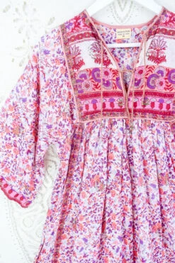 Vintage Indian Block Print Pink Cotton Midi Dress - Size XS -KIKIS Clothing Shop vintage 1970s dress boho 70s style vintage clothing hippie chic summer collection by all about audrey 36