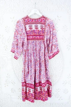 Vintage Indian Block Print Pink Cotton Midi Dress - Size XS -KIKIS Clothing Shop vintage 1970s dress boho 70s style vintage clothing hippie chic summer collection by all about audrey 37