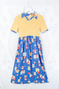 Vintage Sun Yellow & Blue Apple Floral Print Midi Dress - Size S/M