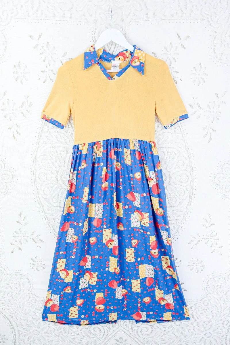 Vintage Sun Yellow & Blue Apple Floral Print Midi Dress - Size S/M 1 Vintage Sun Yellow & Blue Apple Floral Print Midi Dress - Size S/M
