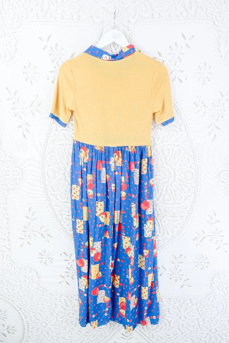 Vintage Sun Yellow & Blue Apple Floral Print Midi Dress - Size S/M 3 Vintage Sun Yellow & Blue Apple Floral Print Midi Dress - Size S/M - Image 3