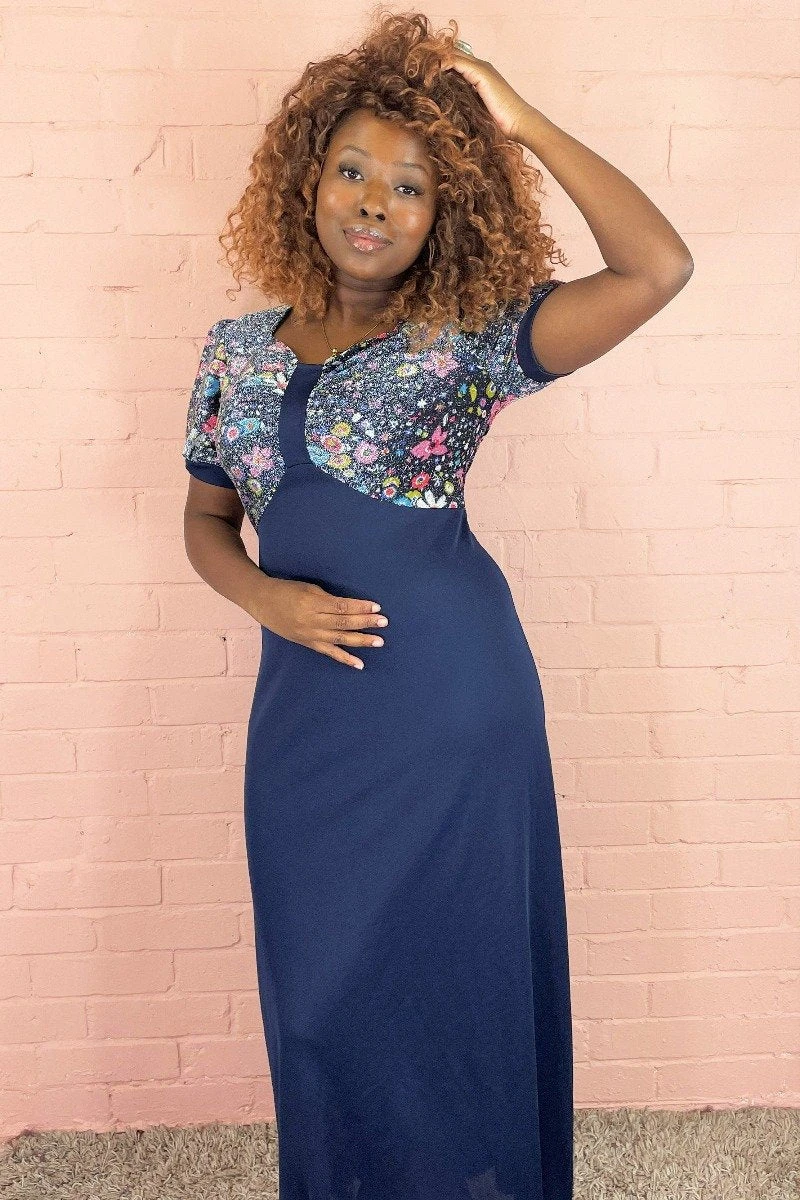 Vintage 70s Navy Sparkly Floral Top Maxi Dress - Size - S/M 2 Vintage 70s Navy Sparkly Floral Top Maxi Dress - Size - S/M - Image 2