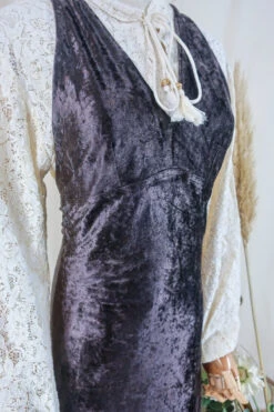 Vintage Maxi Dress - Mahogany Crushed Velvet Halter - Size XS -KIKIS Clothing Shop vintage bohemian retro bohochic 1970s hippie preloved boho clothing all about audrey 119