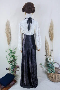 Vintage Maxi Dress - Mahogany Crushed Velvet Halter - Size XS -KIKIS Clothing Shop vintage bohemian retro bohochic 1970s hippie preloved boho clothing all about audrey 120