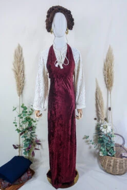 Vintage Maxi Dress - Mulled Wine And Crushed Velvet Halter - Size XS -KIKIS Clothing Shop vintage bohemian retro bohochic 1970s hippie preloved boho clothing all about audrey 121