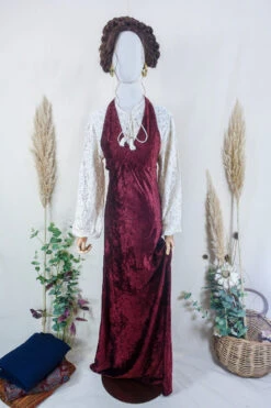Vintage Maxi Dress - Mulled Wine And Crushed Velvet Halter - Size XS